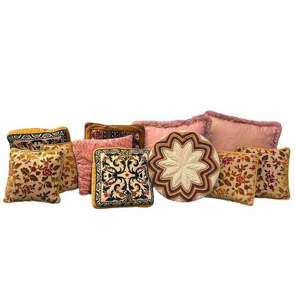 Set of Vintage Throw Pillows Square Floral Tapestry Round Crochet Sequin 1970s - Picture 1 of 11